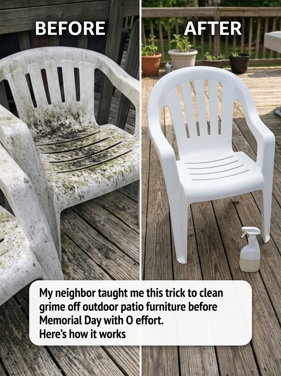 My neighbor taught me this trick to clean grime off outdoor patio furniture before Memorial Day with 0 effort. Here’s how it works